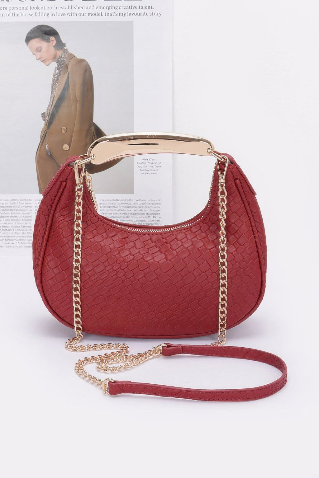 Embossed Faux Leather Metal Handle Bag