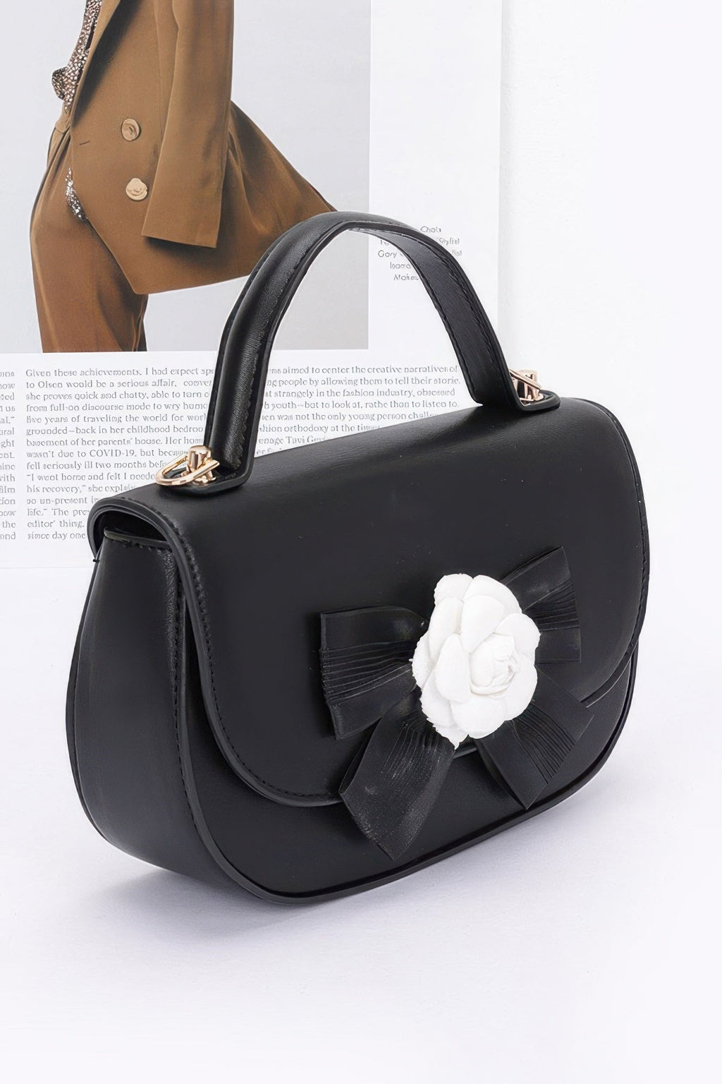 Faux Leather Flower Ribbon Top Handle Flap Bag