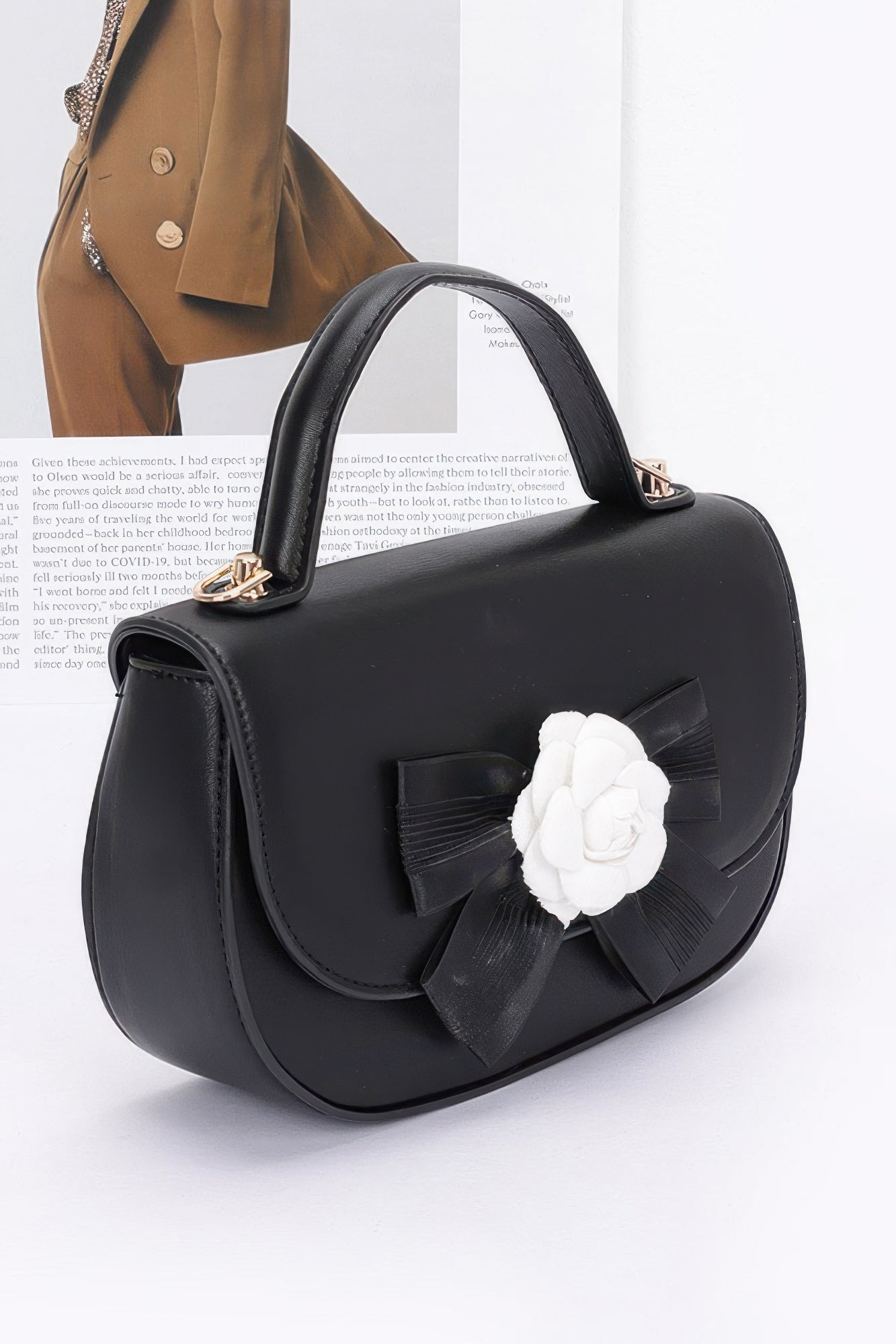 Faux Leather Flower Ribbon Top Handle Flap Bag
