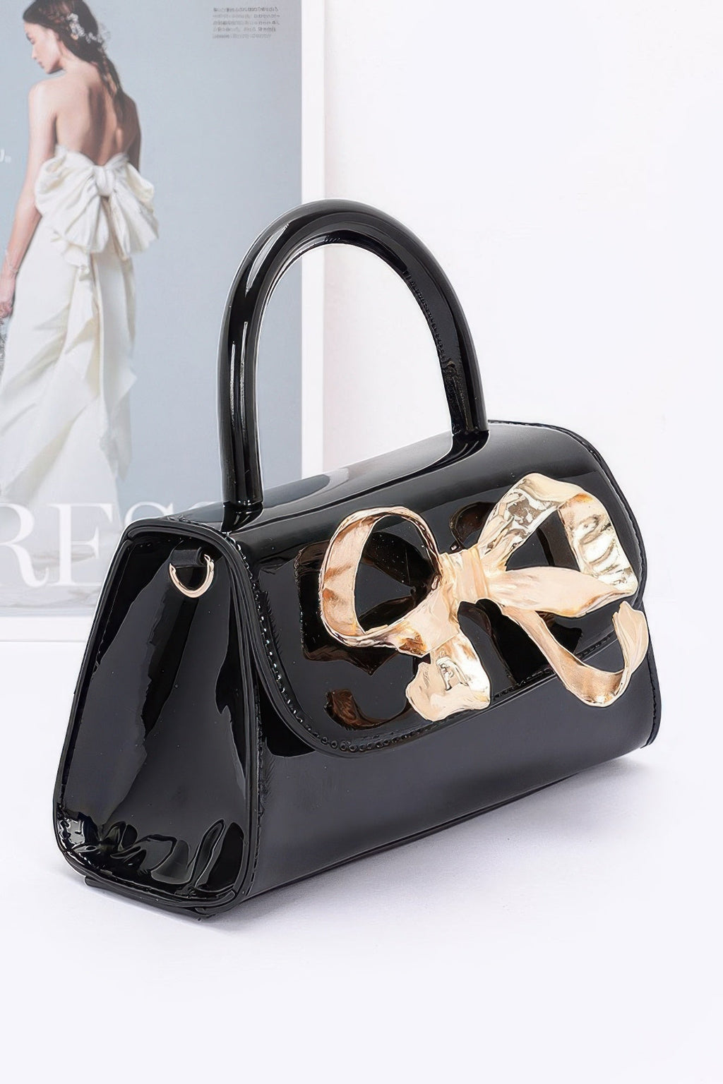 Faux Leather Metal Ribbon Top Handle Bag