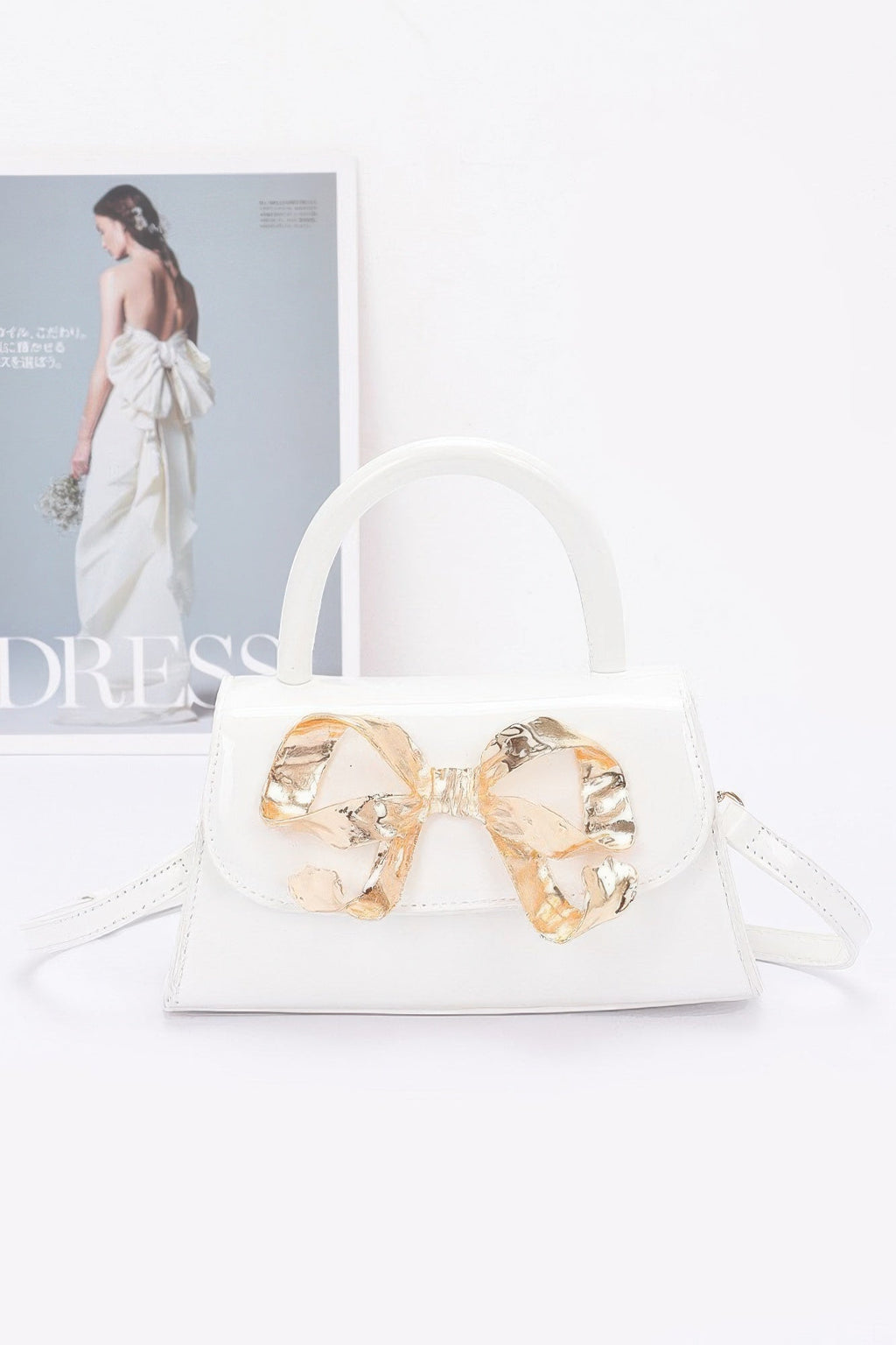 Faux Leather Metal Ribbon Top Handle Bag