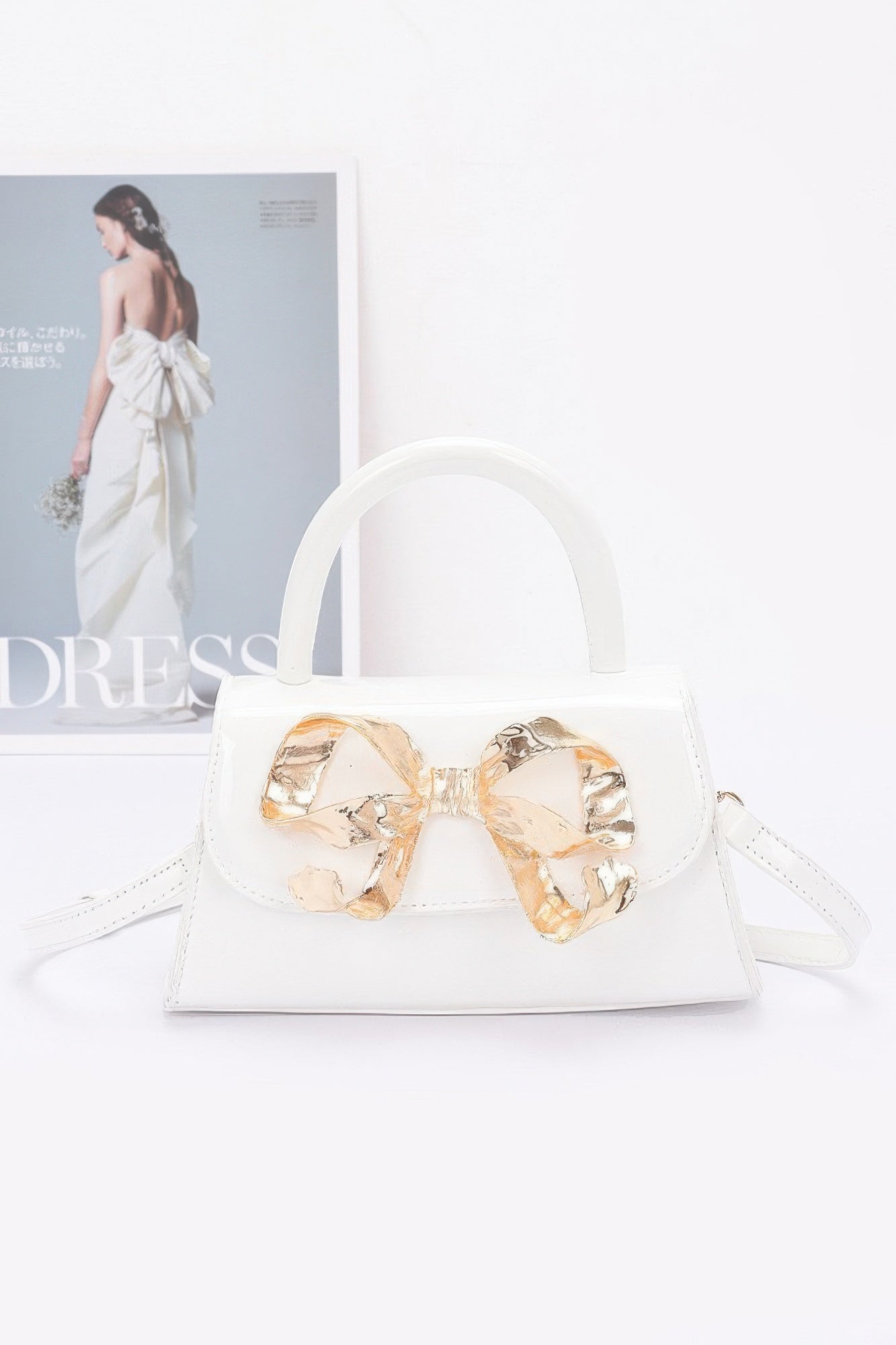 Faux Leather Metal Ribbon Top Handle Bag