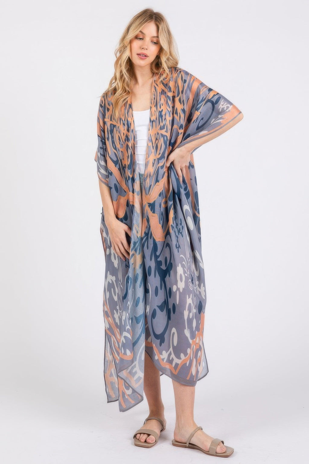 Boho Print Open Front Long Kimono