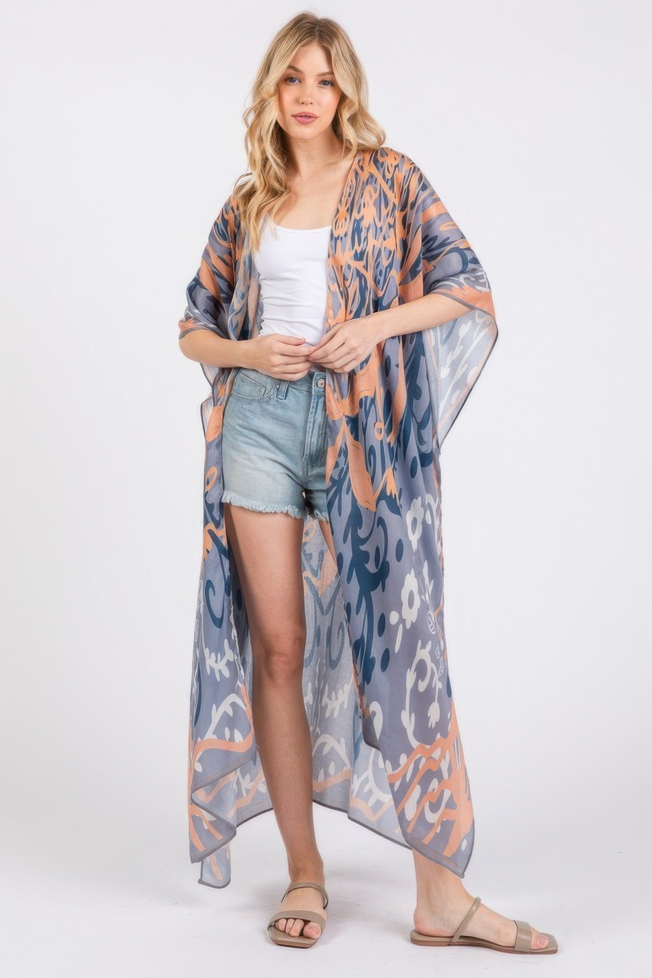 Boho Print Open Front Long Kimono
