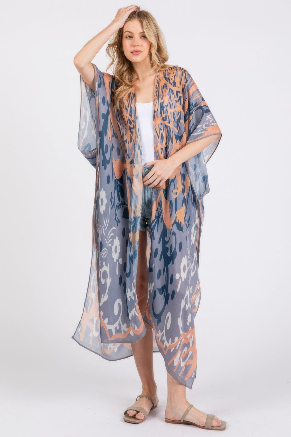 Boho Print Open Front Long Kimono