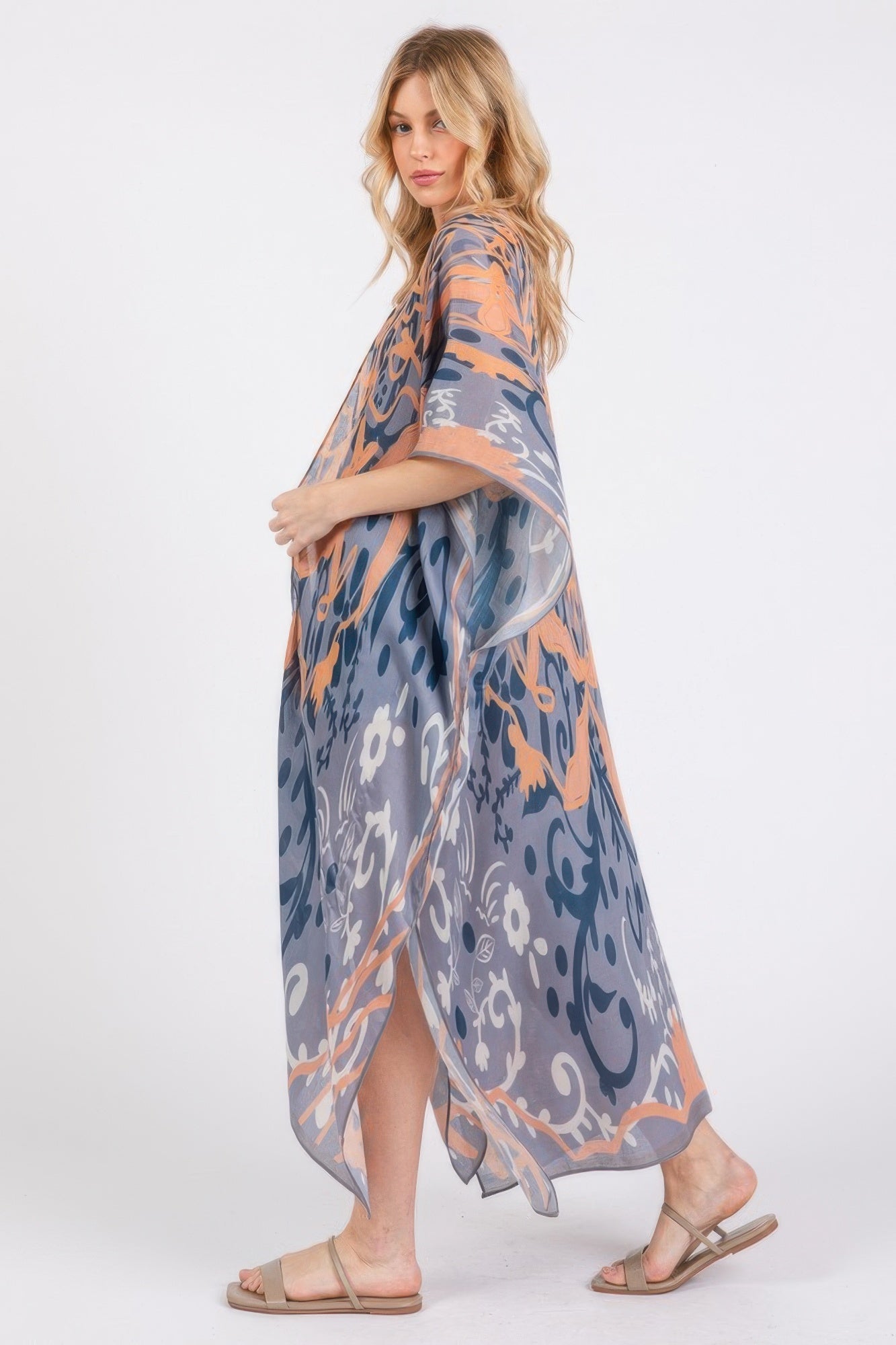 Boho Print Open Front Long Kimono