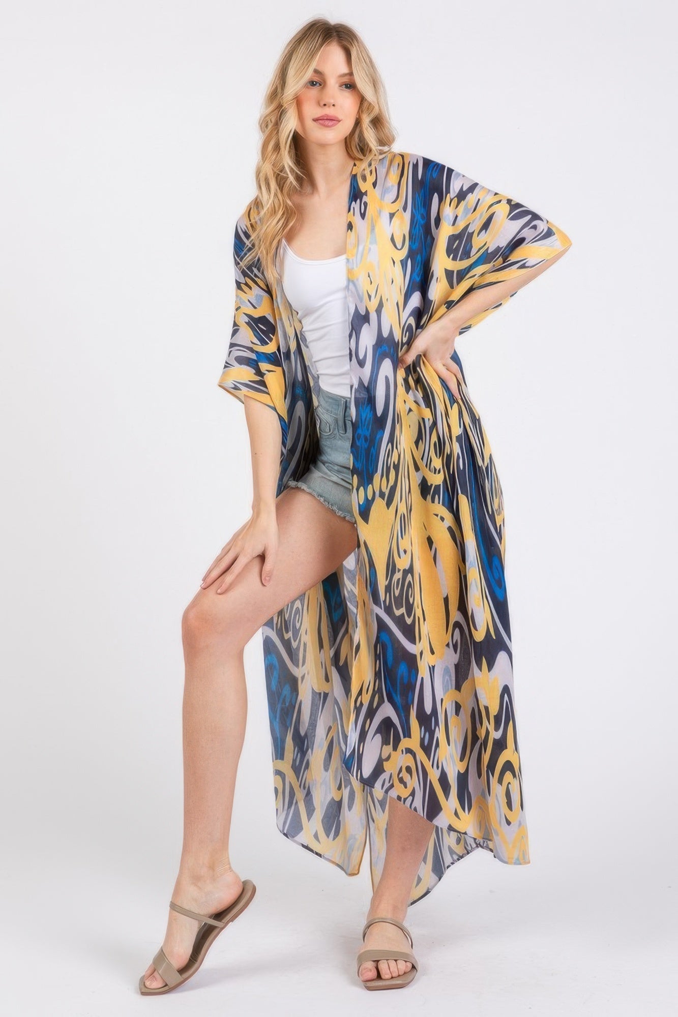Boho Print Open Front Long Kimono