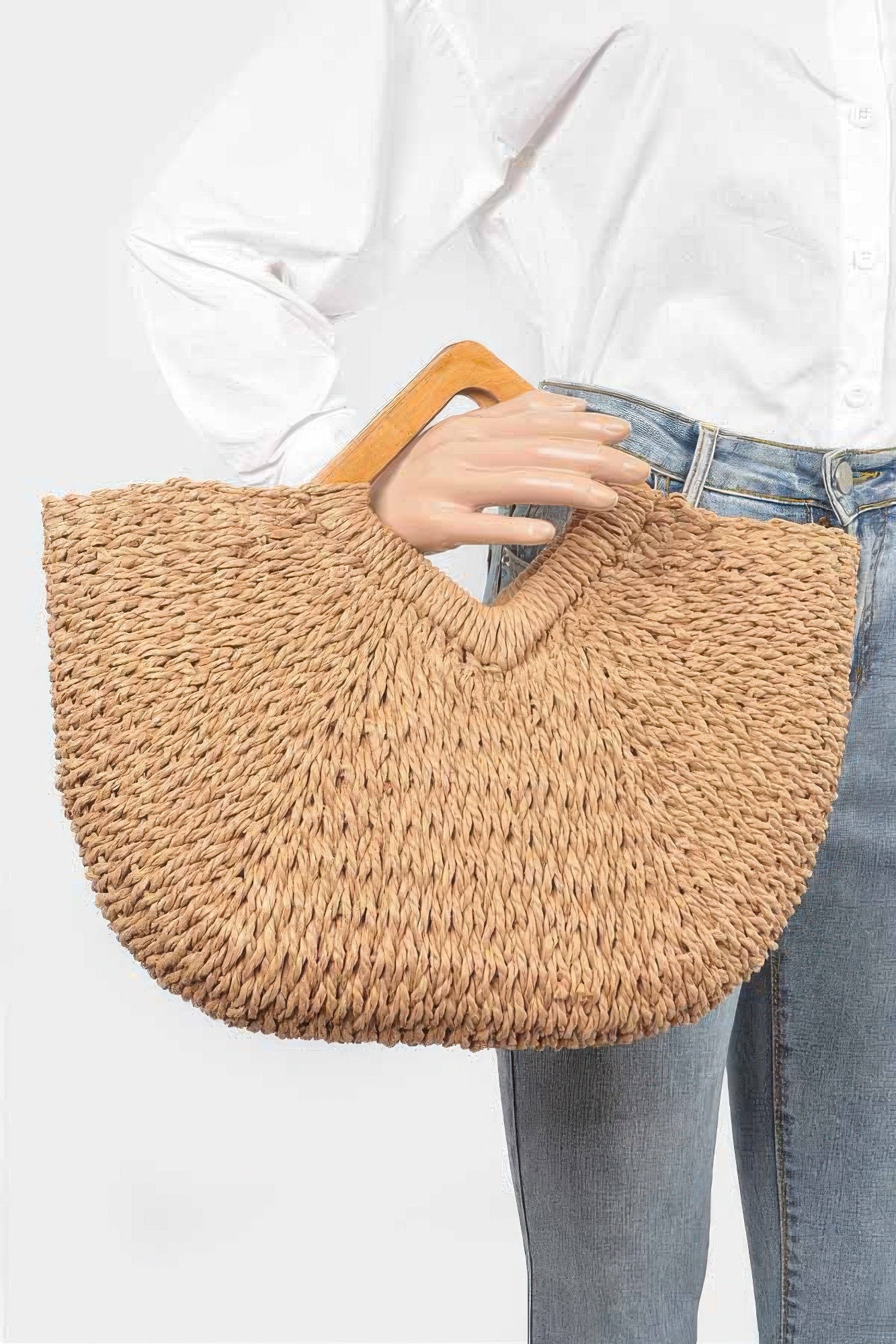 Faux Straw Wood Handle Tote Bag
