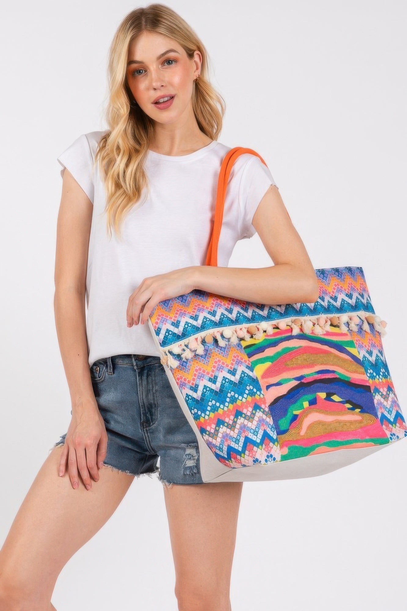 Boho Print Pom Pom Fringe Tote Bag