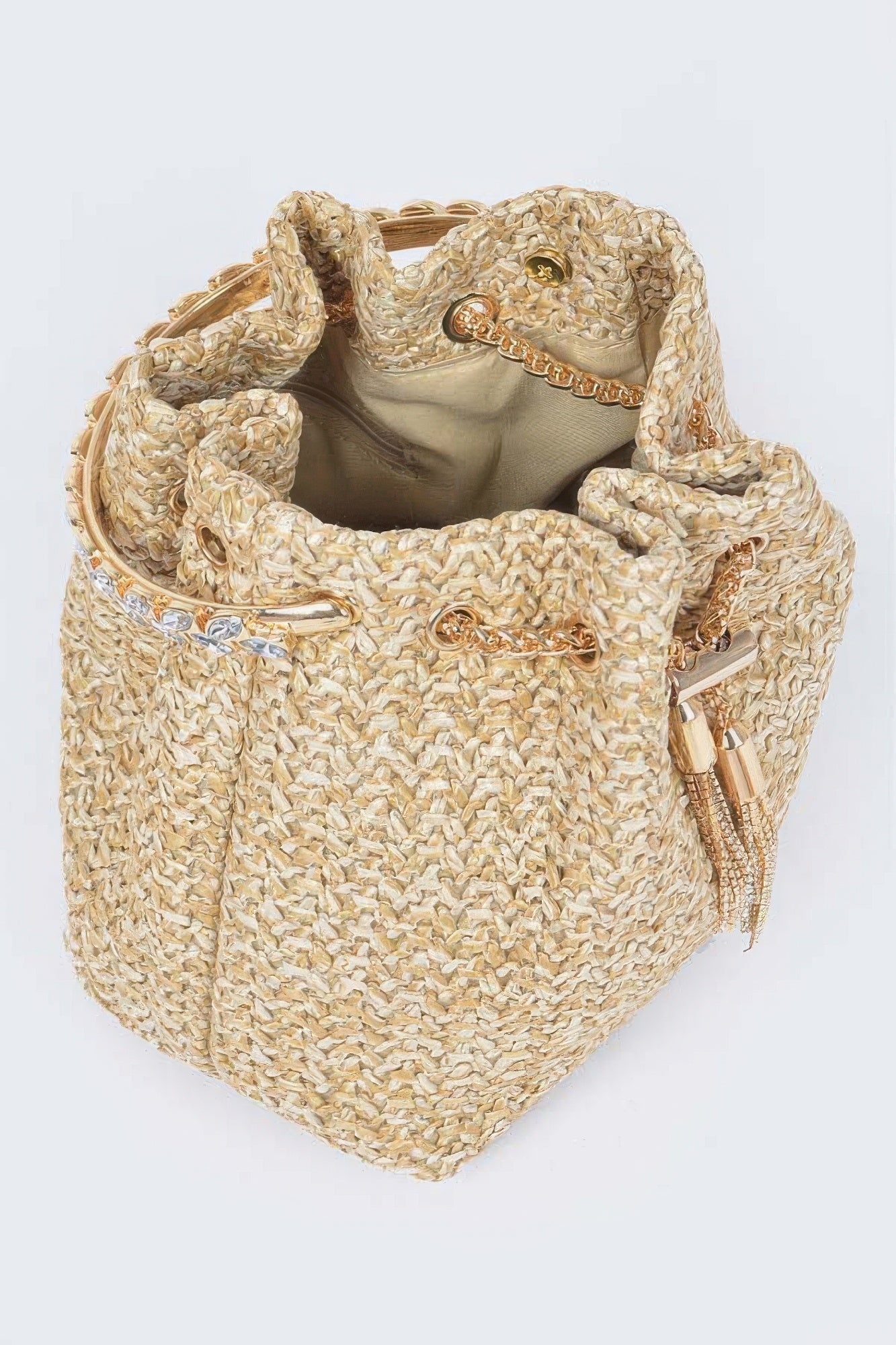 Faux Straw Bucket Bag W/stone Handle