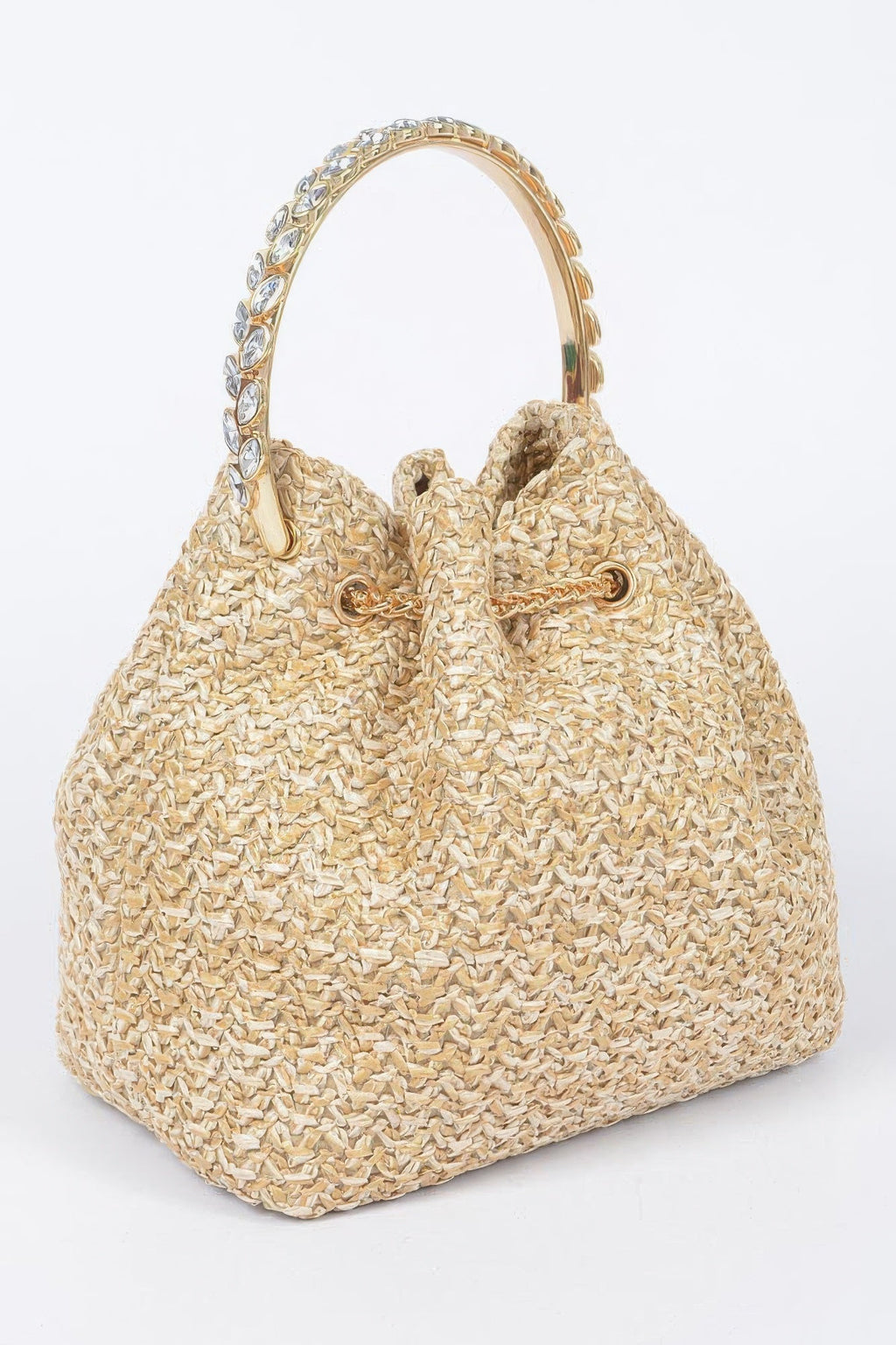 Faux Straw Bucket Bag W/stone Handle