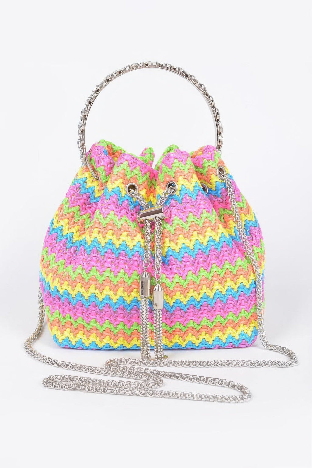 Faux Straw Bucket Bag W/stone Handle