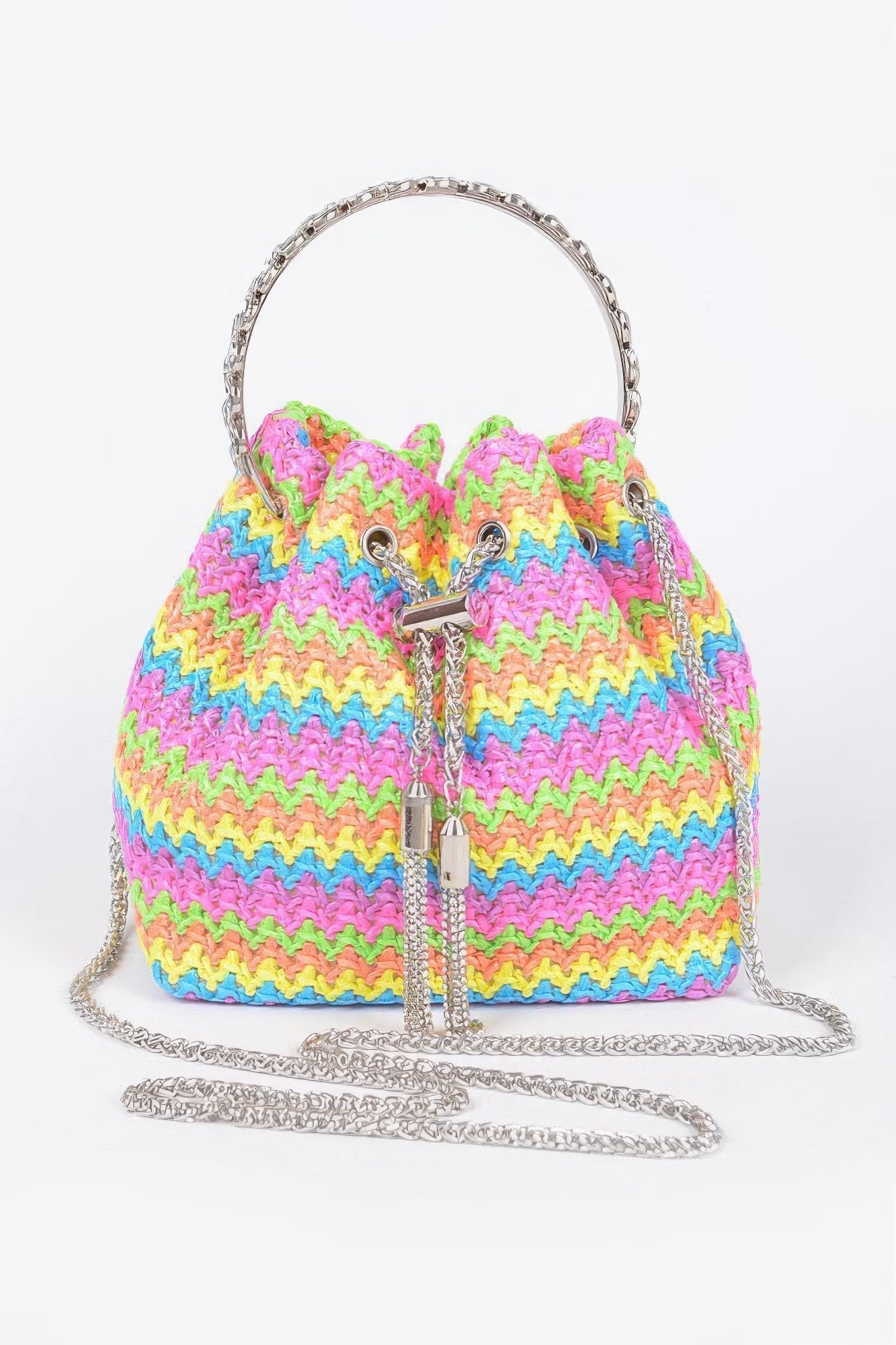 Faux Straw Bucket Bag W/stone Handle