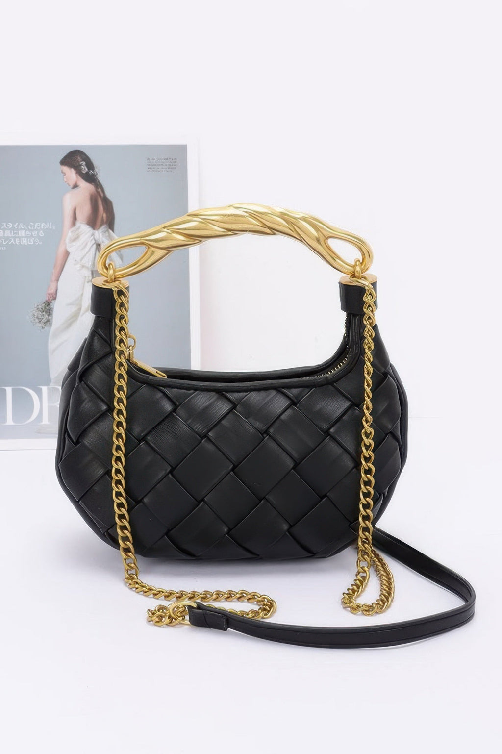 Faux Leather Braided Metal Handle Bag