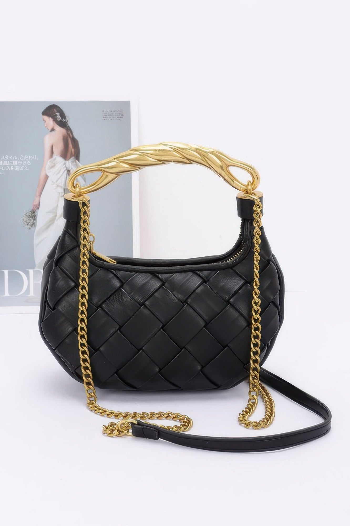 Faux Leather Braided Metal Handle Bag