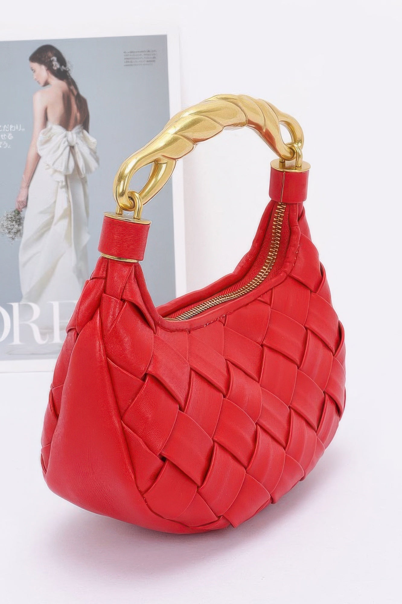Faux Leather Braided Metal Handle Bag