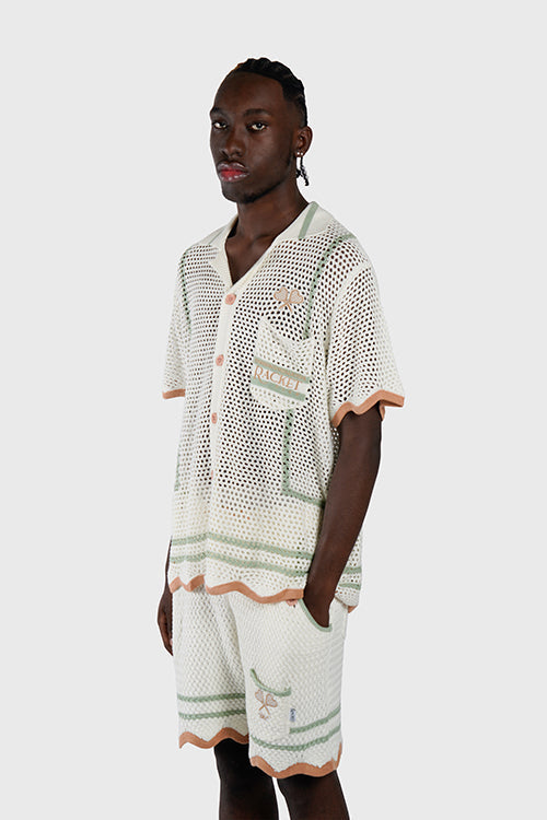 Racket Club Crochet Knit Short-Sleeve Button-Up Shirt