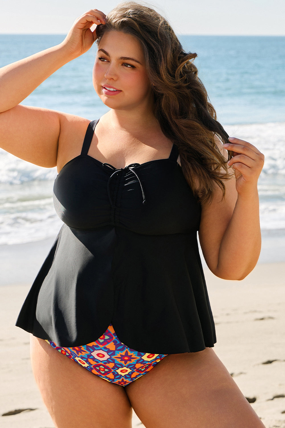 Black Drawstring Tied Front Flared Top Geometric Print Bottom Tankinis