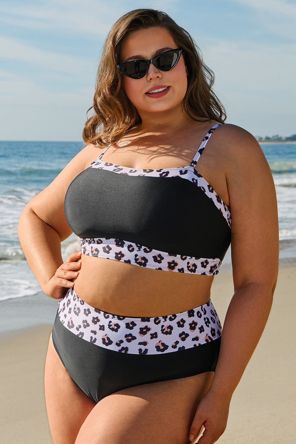Black 2pcs Leopard Patchwork High Waisted Swimsuit