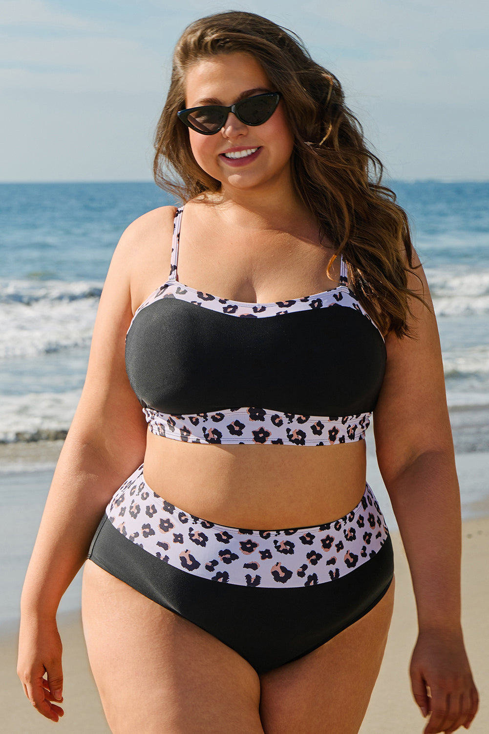 Black 2pcs Leopard Patchwork High Waisted Swimsuit