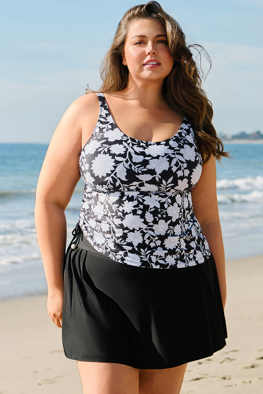 Black Printed Square Neck Drawstring Ruffled Tankini Set