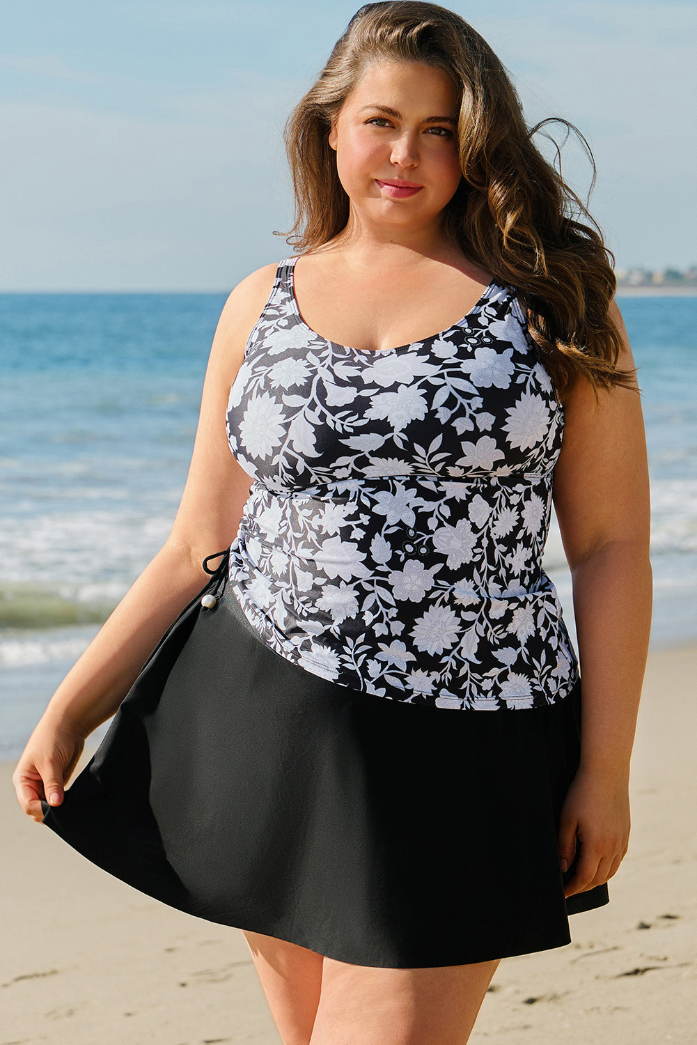 Black Printed Square Neck Drawstring Ruffled Tankini Set
