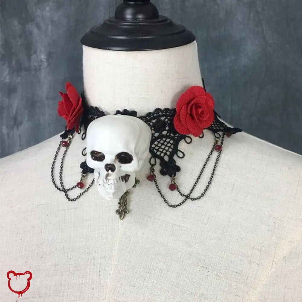 “Kiss of Death” Lace Choker with Skull Rose