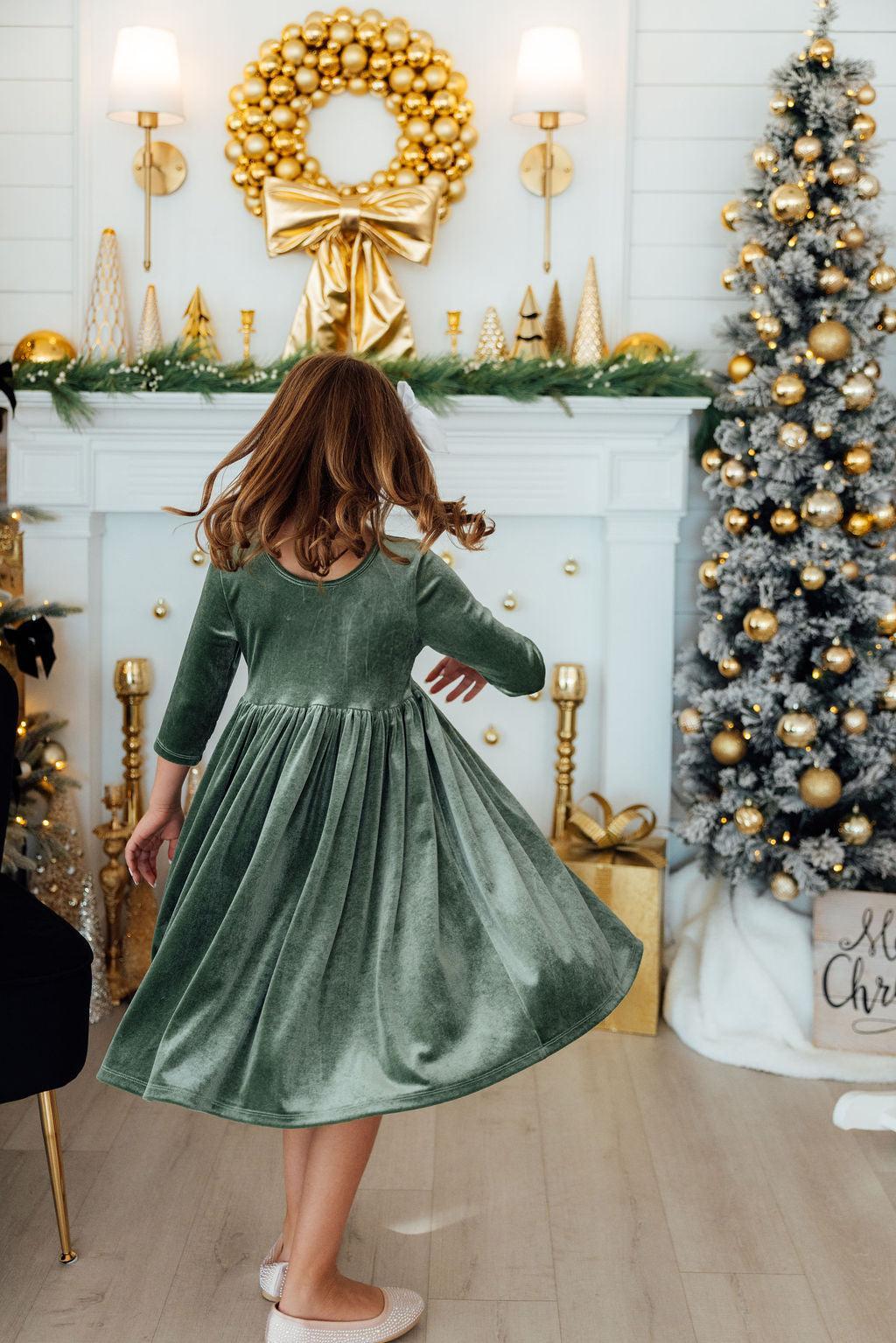 Sage Velvet Twirl Dress
