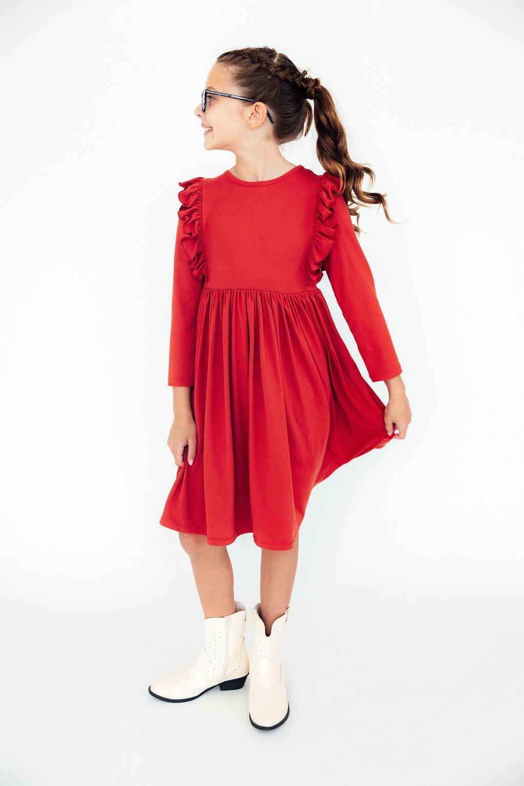 Red L/S Ruffle Twirl Dress