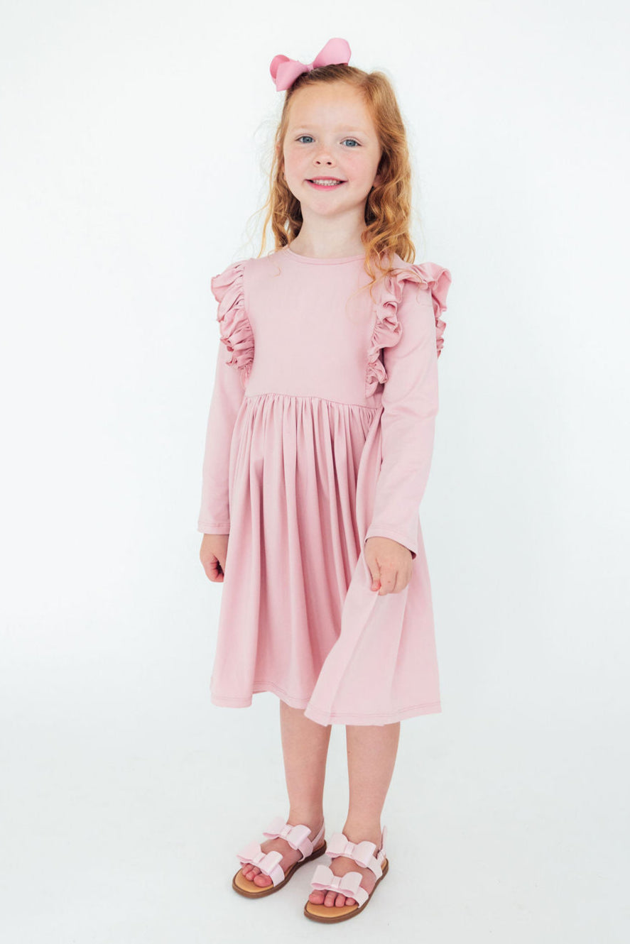 Vintage Pink L/S Ruffle Twirl Dress