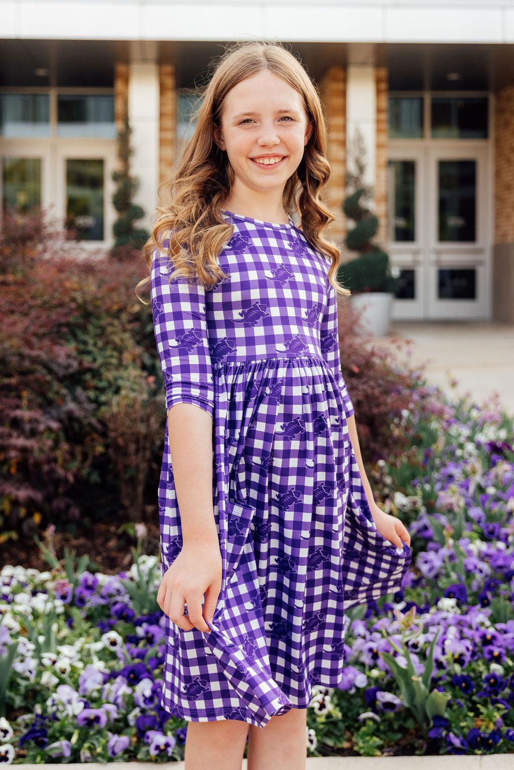 TCU Plaid Frog 3/4 Sleeve Pocket Twirl Dress