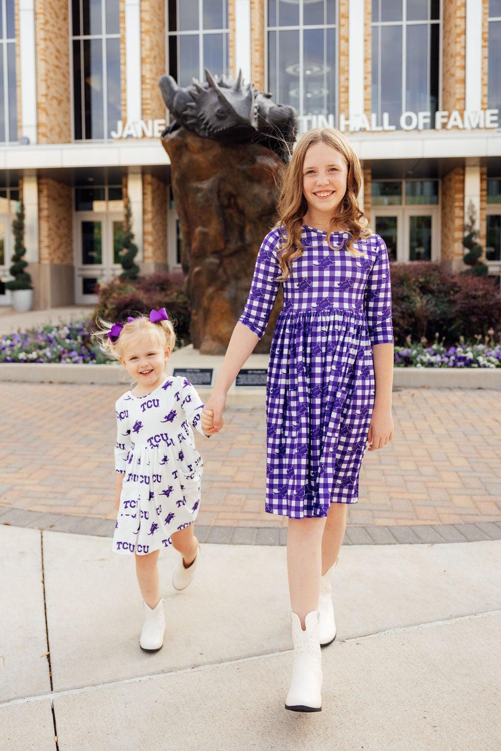 TCU White Frog 3/4 Sleeve Pocket Twirl Dress